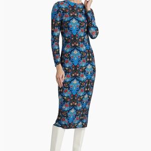 FARM Rio Arabesque Floral Blue Jersey Midi Dress Size M